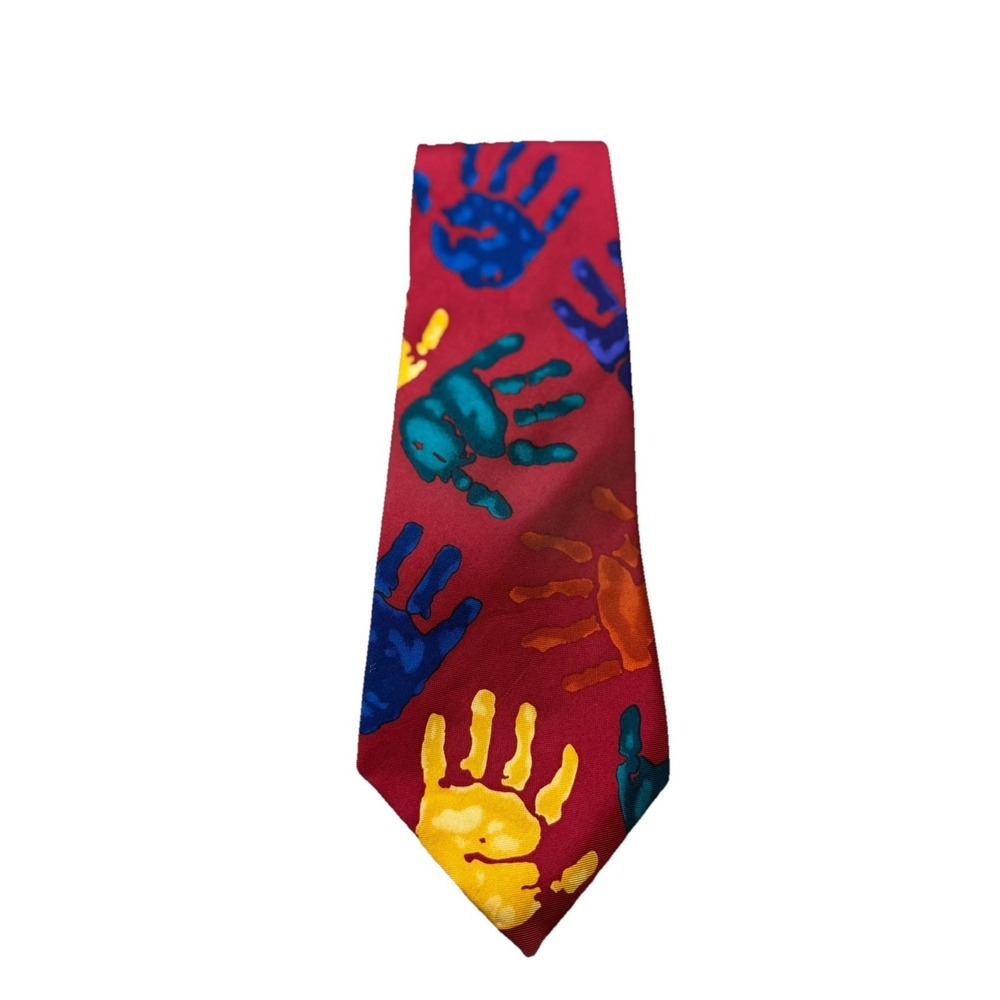 Vintage Save The Children Tie Silk Child Art Red Handprints Teacher Educator